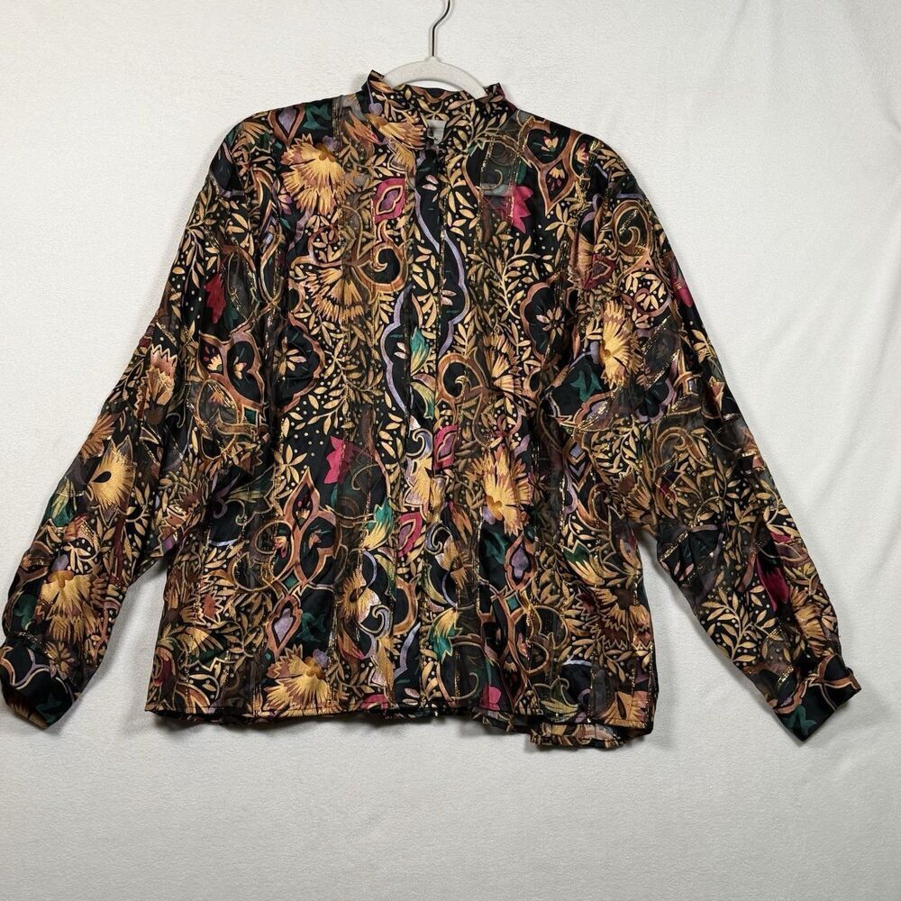 The Silk Farm Vintage 100% Silk Blouse Women’s 10 Gold Metallic Floral
